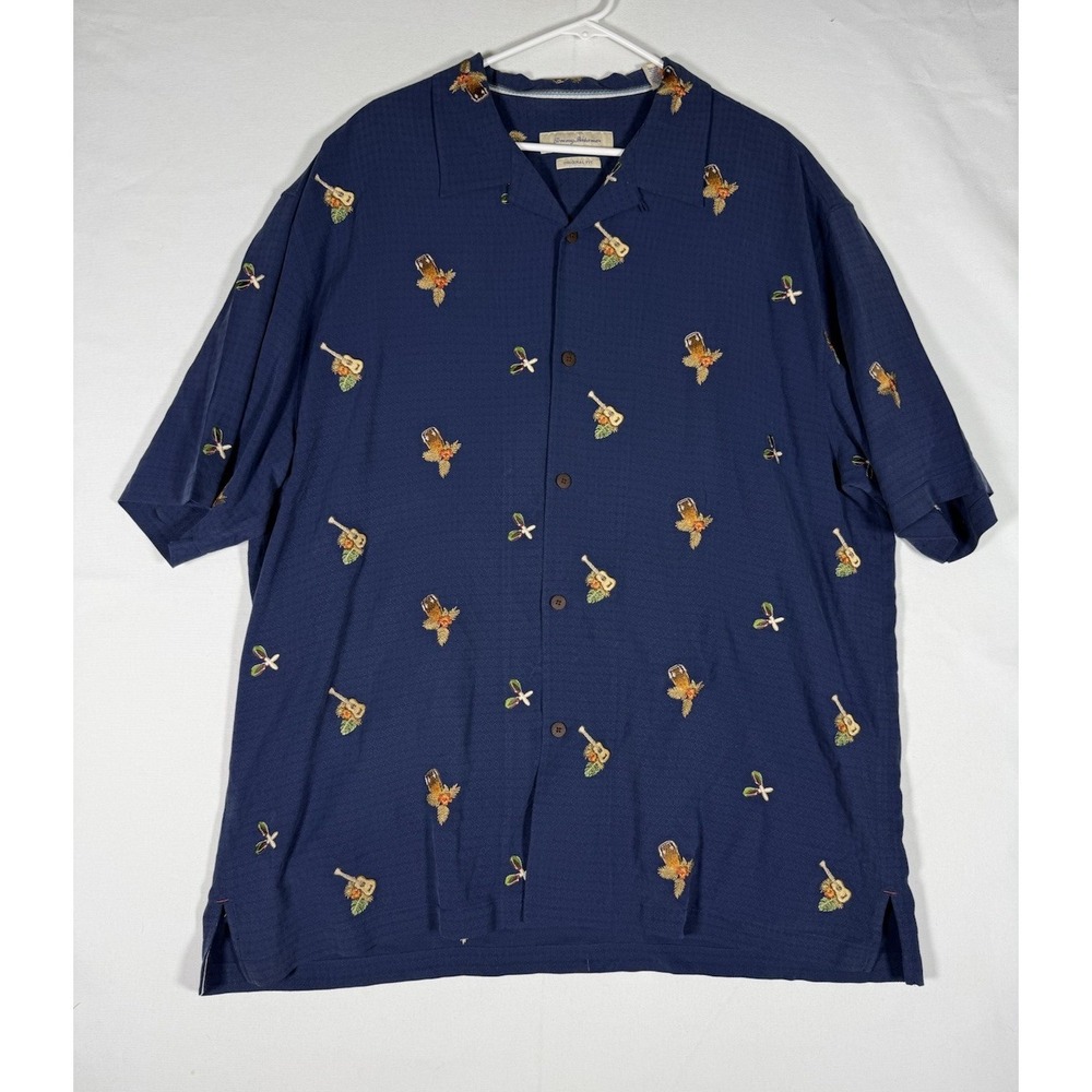 Tommy Bahama Silk Camp Shirt Men's XXL Navy Latin Fusion Drum Guitar Maracas AOP